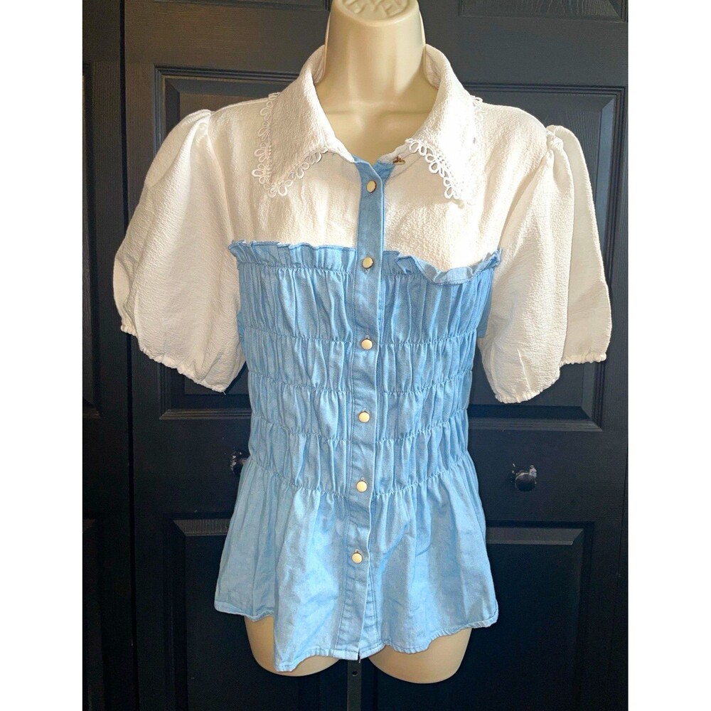 Blue/White Solid Cotton Peasant Blouse Lace Collar Smocked Button Puff Sleeve